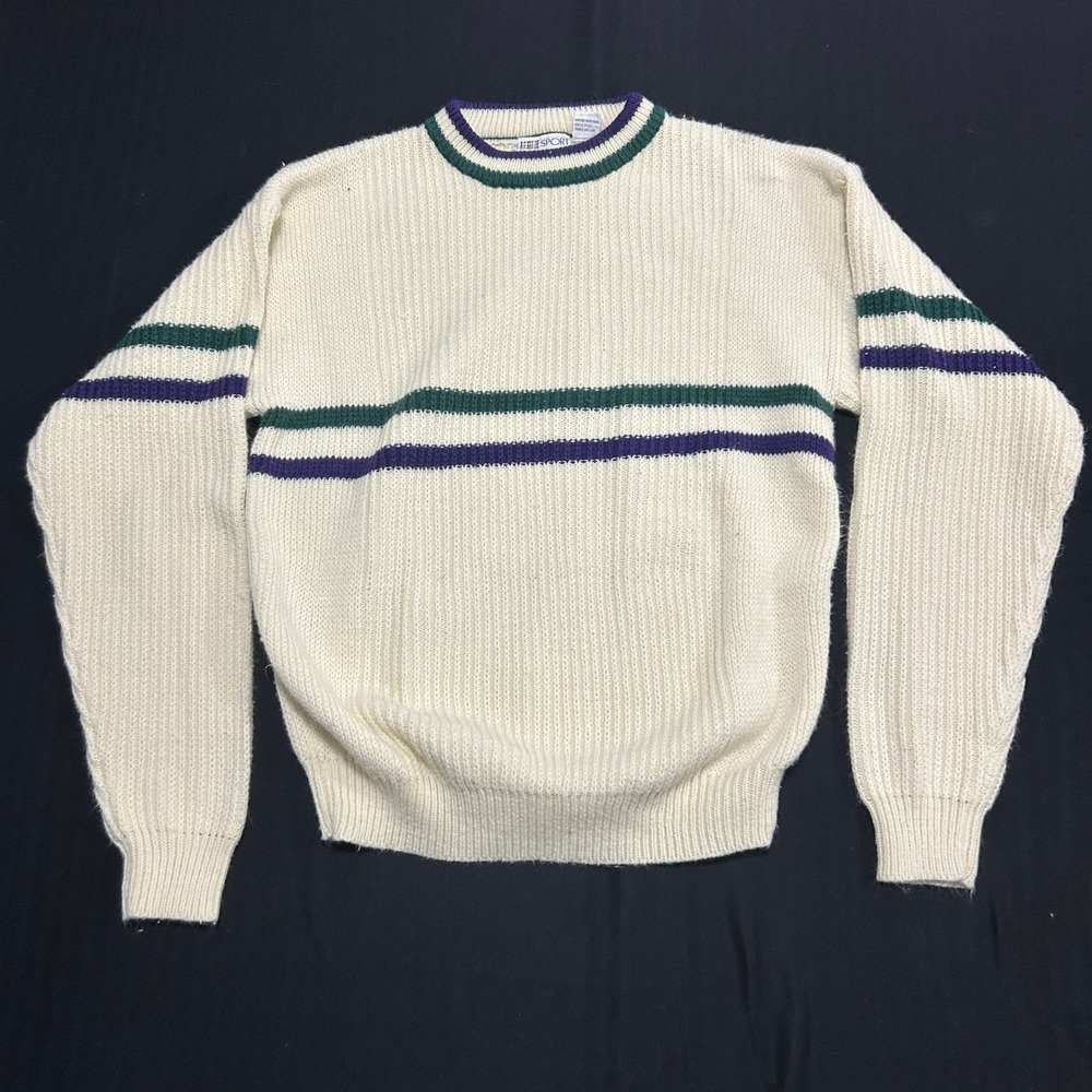 Vintage Trent Trent Sport Striped Knit Sweater XL Cream Green Purple Ribbed 90s